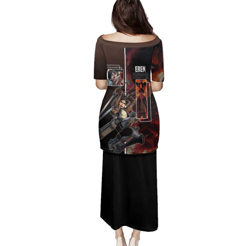 Eren Yeager from Attack on Titan Family Matching Puletasi and Hawaiian Shirt with Action Poses and Fiery Background Design - The Mazicc