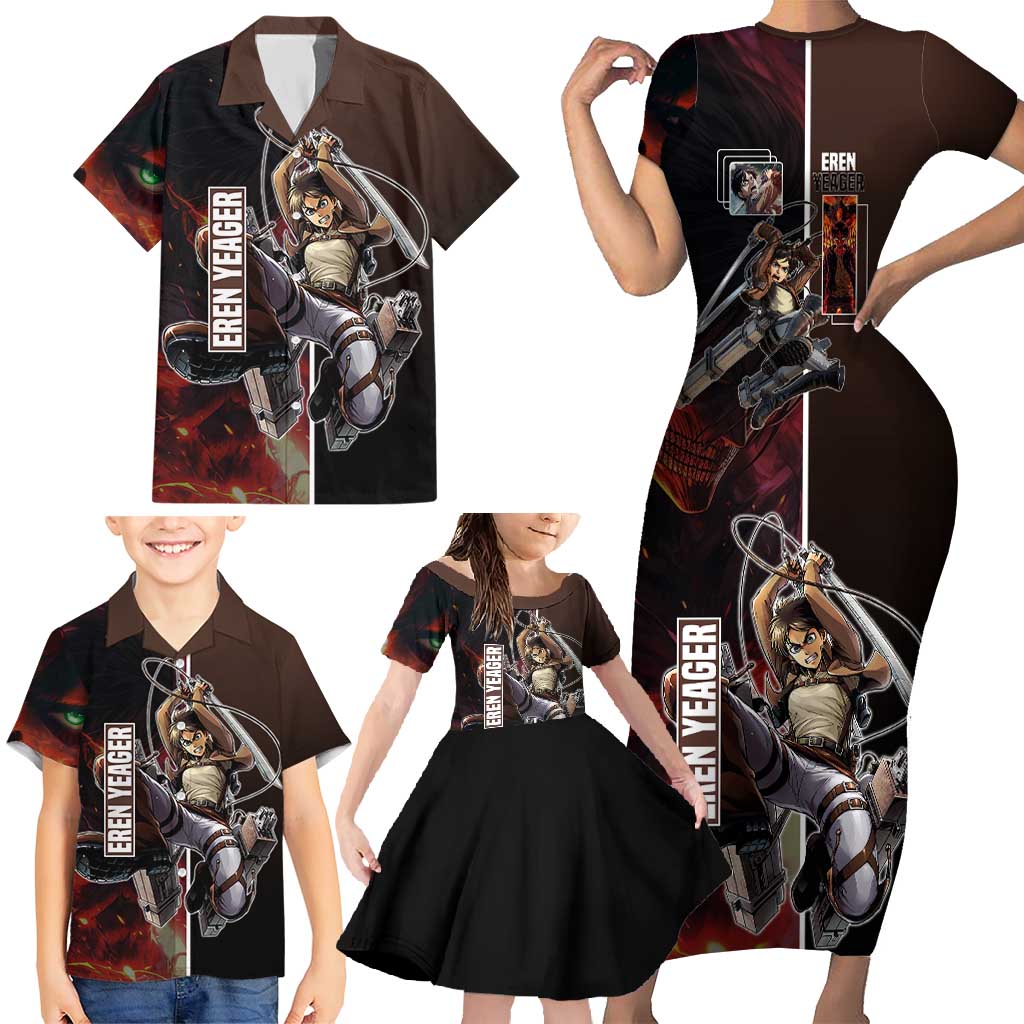 Eren Yeager from Attack on Titan Family Matching Short Sleeve Bodycon Dress and Hawaiian Shirt with Action Poses and Fiery Background Design - The Mazicc