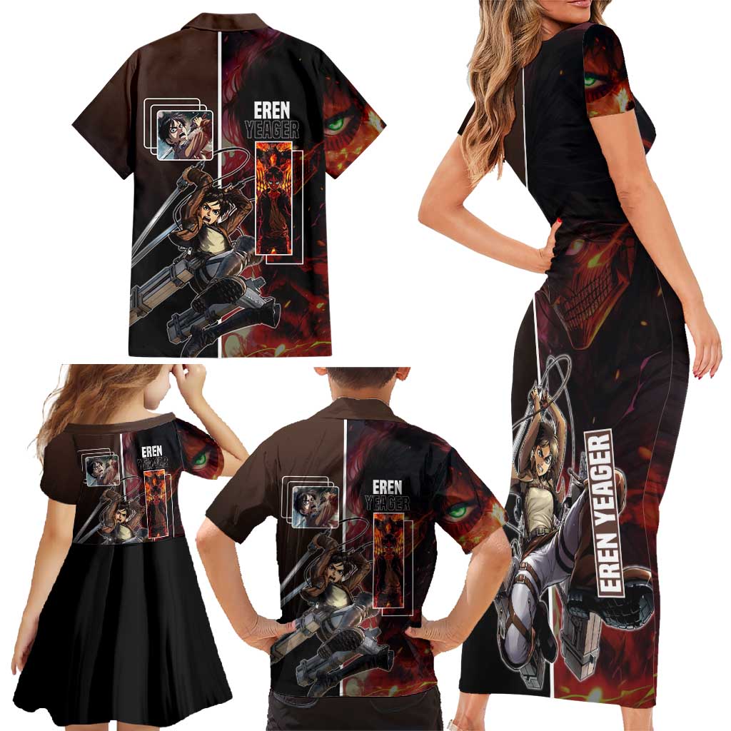 Eren Yeager from Attack on Titan Family Matching Short Sleeve Bodycon Dress and Hawaiian Shirt with Action Poses and Fiery Background Design - The Mazicc