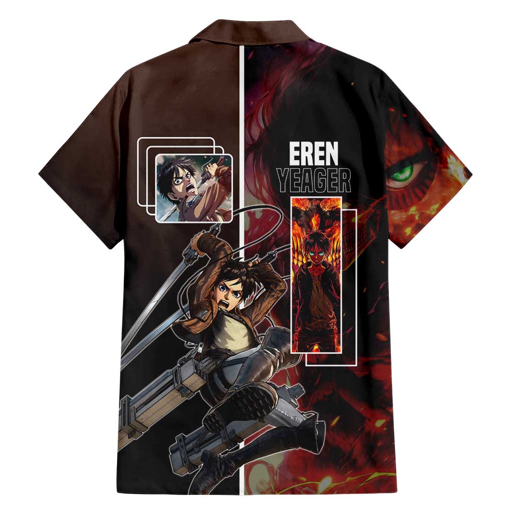 Eren Yeager from Attack on Titan Family Matching Short Sleeve Bodycon Dress and Hawaiian Shirt with Action Poses and Fiery Background Design - The Mazicc