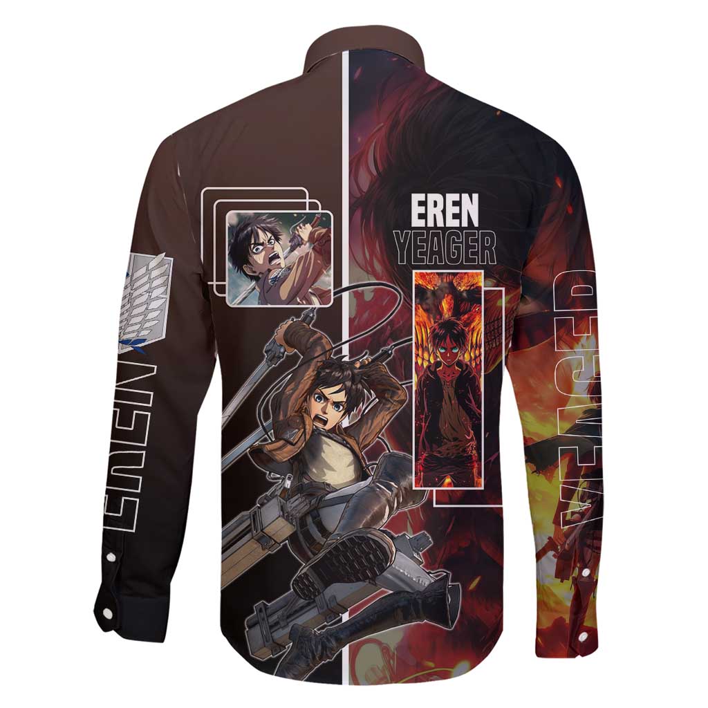 Eren Yeager from Attack on Titan Family Matching Short Sleeve Bodycon Dress and Hawaiian Shirt with Action Poses and Fiery Background Design - The Mazicc