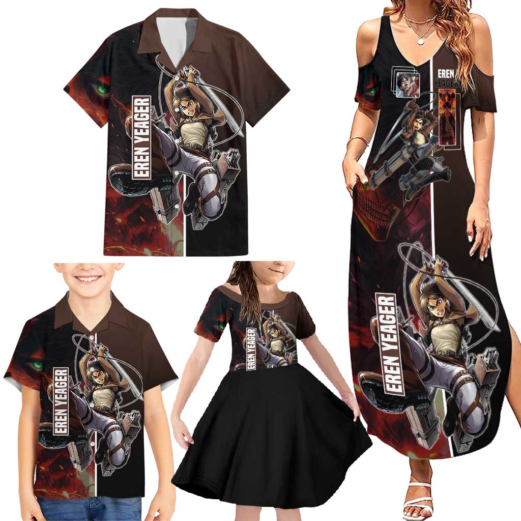 Eren Yeager from Attack on Titan Family Matching Summer Maxi Dress and Hawaiian Shirt with Action Poses and Fiery Background Design - The Mazicc