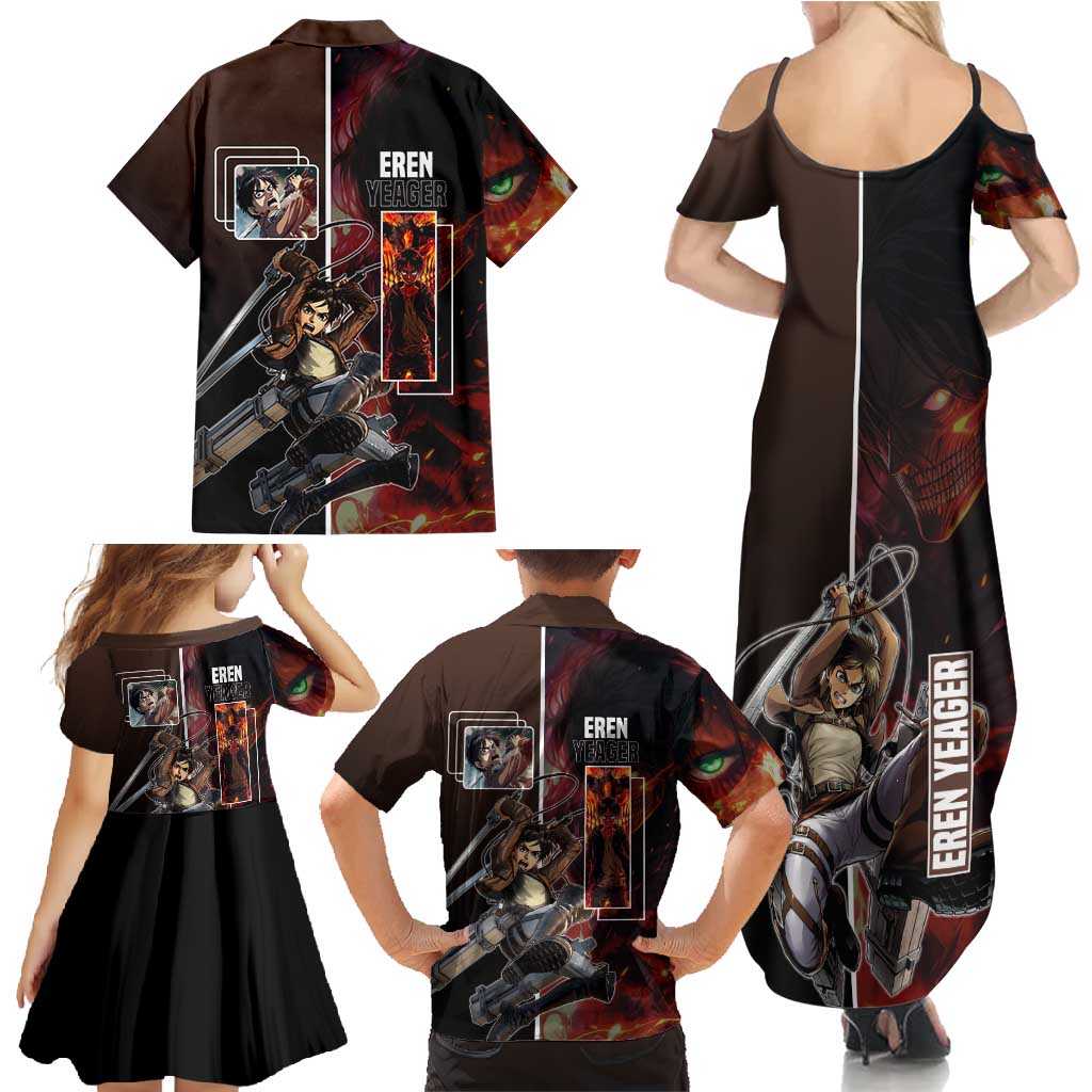 Eren Yeager from Attack on Titan Family Matching Summer Maxi Dress and Hawaiian Shirt with Action Poses and Fiery Background Design - The Mazicc