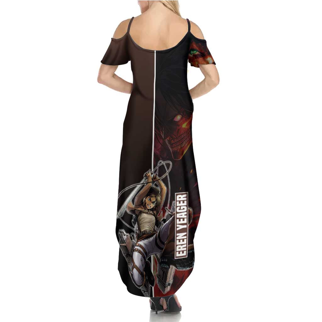 Eren Yeager from Attack on Titan Family Matching Summer Maxi Dress and Hawaiian Shirt with Action Poses and Fiery Background Design - The Mazicc