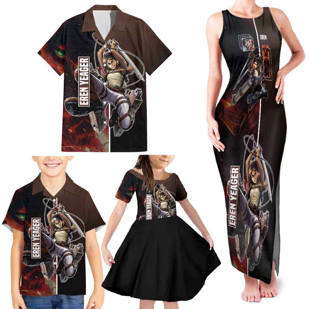 Eren Yeager from Attack on Titan Family Matching Tank Maxi Dress and Hawaiian Shirt with Action Poses and Fiery Background Design - The Mazicc