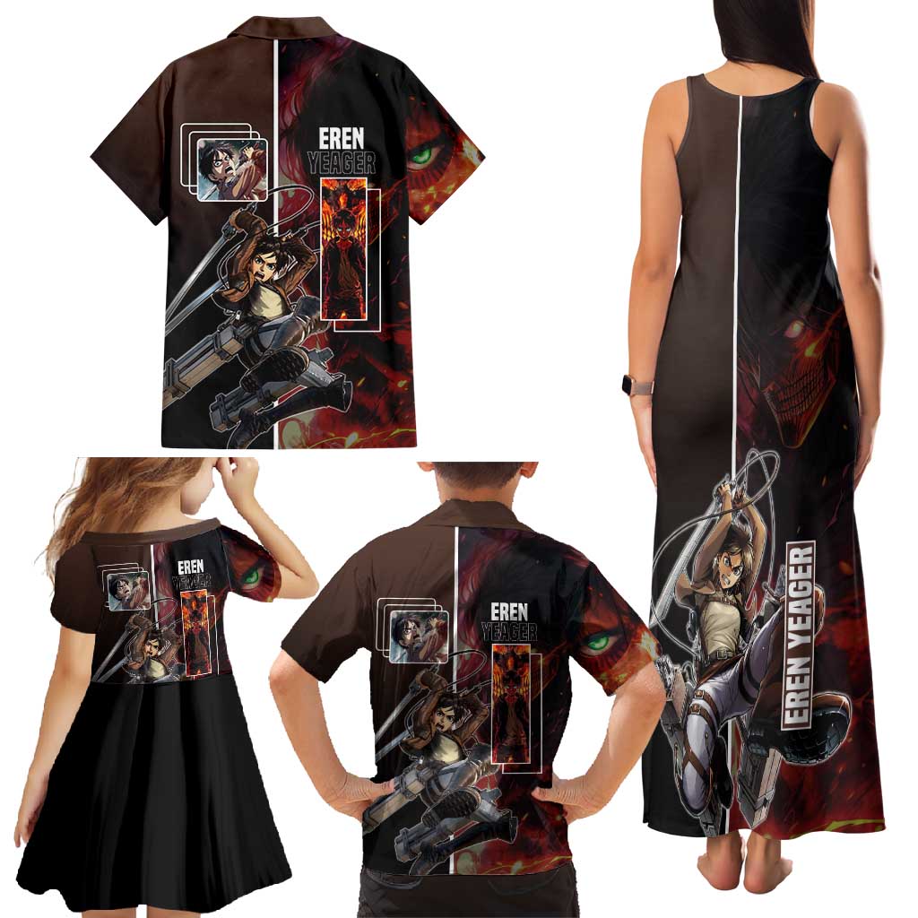 Eren Yeager from Attack on Titan Family Matching Tank Maxi Dress and Hawaiian Shirt with Action Poses and Fiery Background Design - The Mazicc