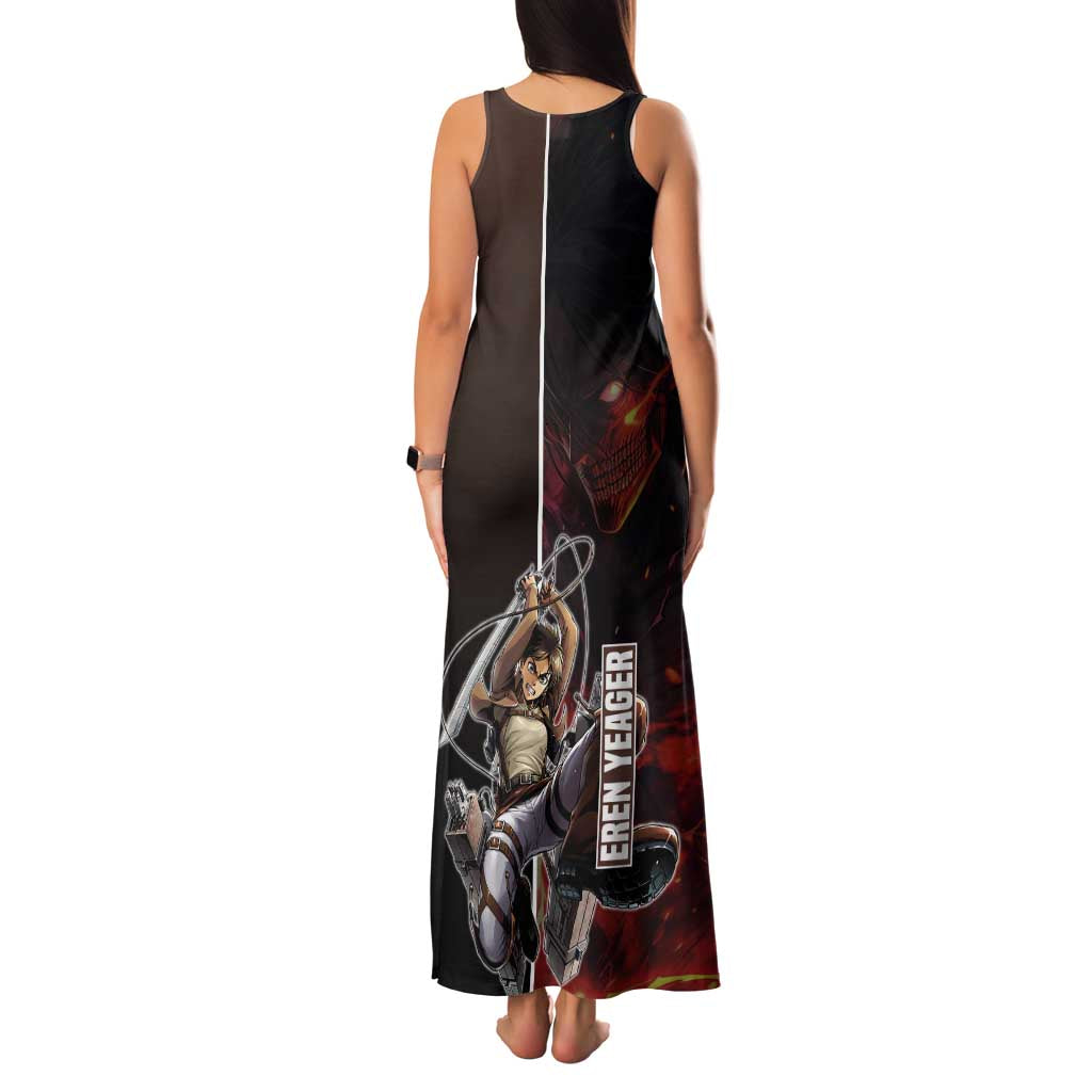 Eren Yeager from Attack on Titan Family Matching Tank Maxi Dress and Hawaiian Shirt with Action Poses and Fiery Background Design - The Mazicc