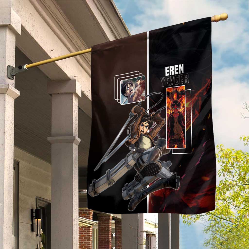 Eren Yeager from Attack on Titan Garden Flag with Action Poses and Fiery Background Design - The Mazicc