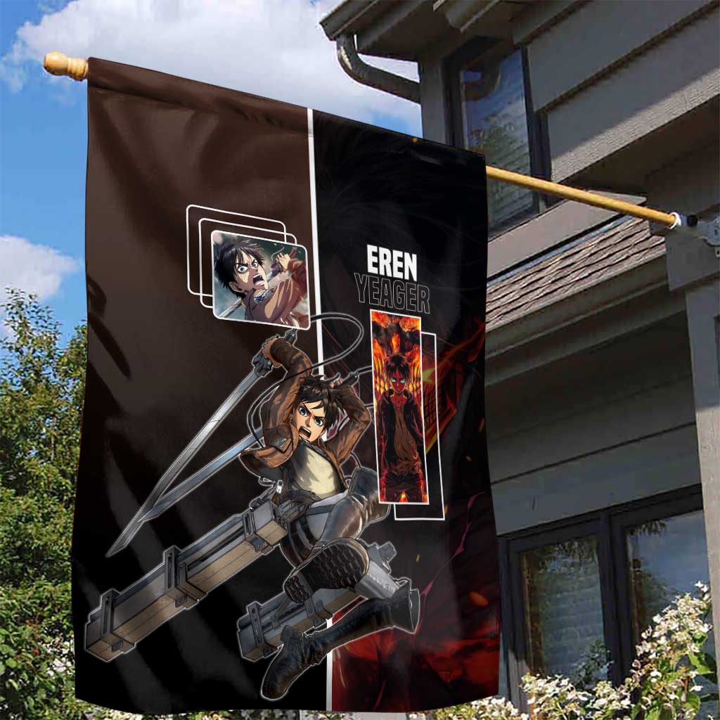 Eren Yeager from Attack on Titan Garden Flag with Action Poses and Fiery Background Design - The Mazicc