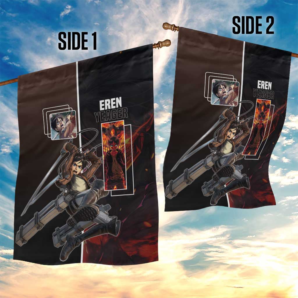 Eren Yeager from Attack on Titan Garden Flag with Action Poses and Fiery Background Design - The Mazicc