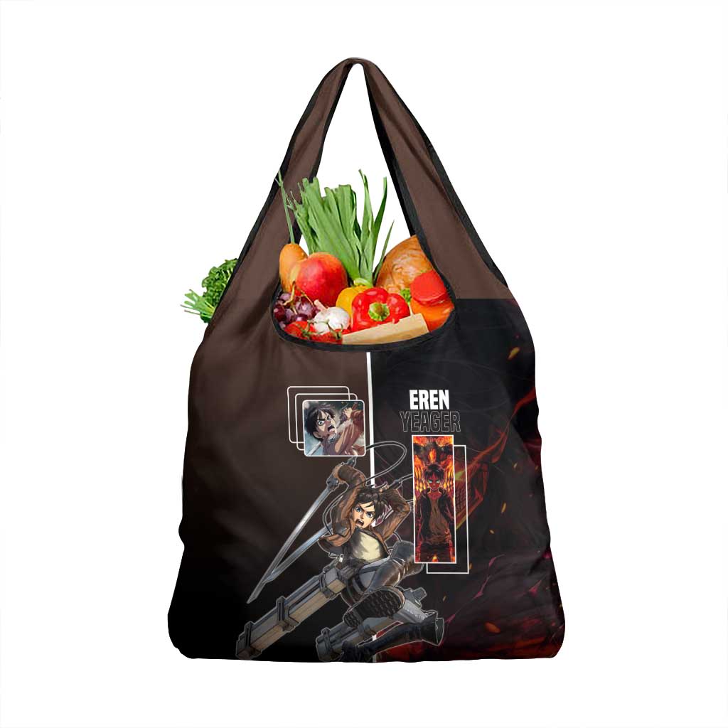 Eren Yeager from Attack on Titan Grocery Bag with Action Poses and Fiery Background Design - The Mazicc