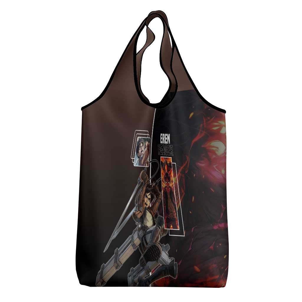 Eren Yeager from Attack on Titan Grocery Bag with Action Poses and Fiery Background Design - The Mazicc