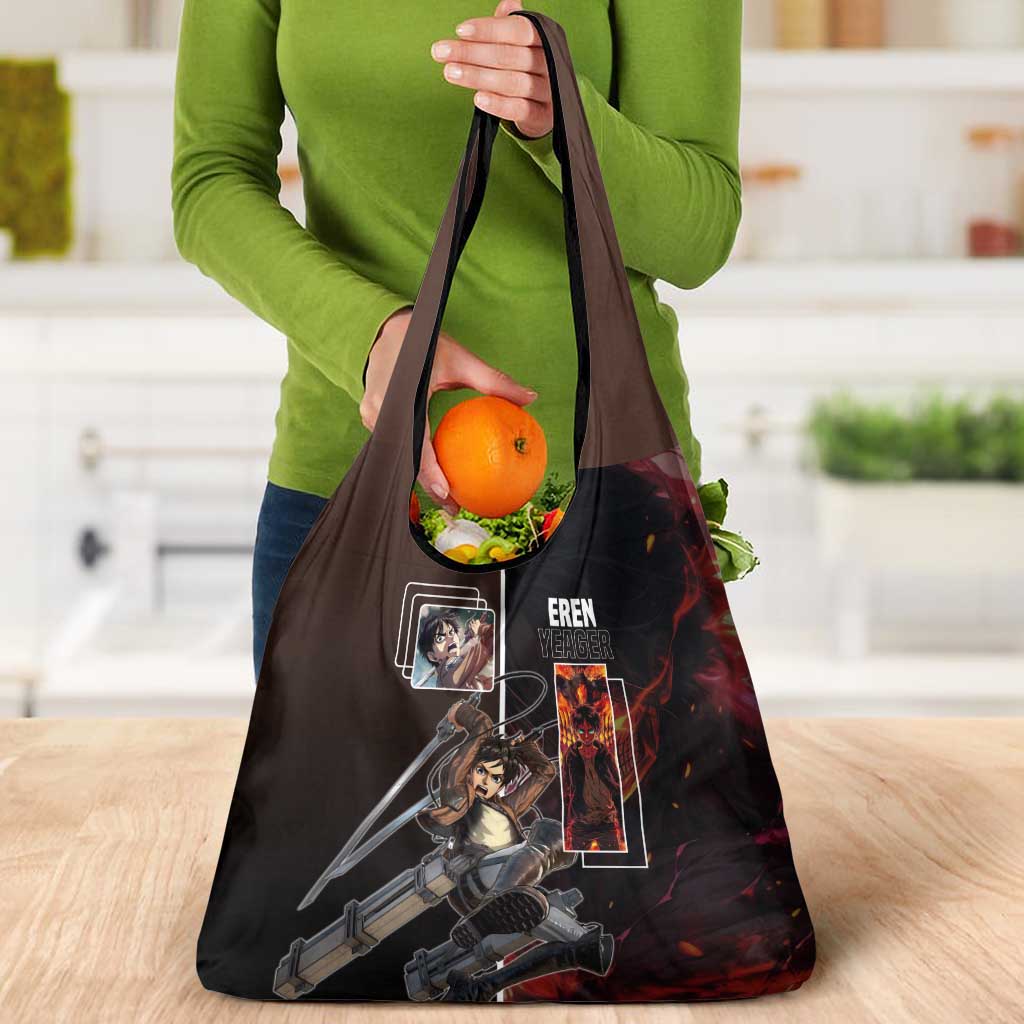 Eren Yeager from Attack on Titan Grocery Bag with Action Poses and Fiery Background Design - The Mazicc