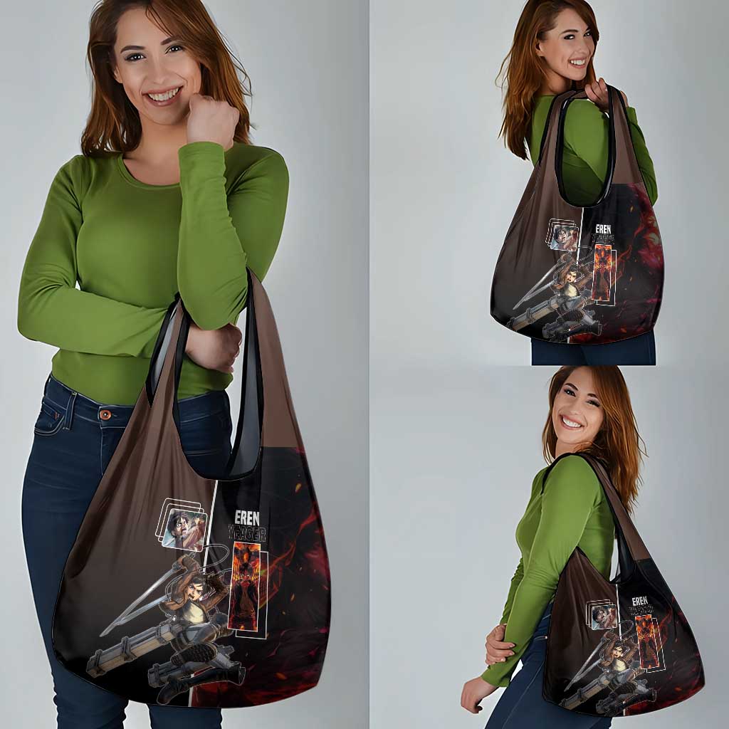 Eren Yeager from Attack on Titan Grocery Bag with Action Poses and Fiery Background Design - The Mazicc