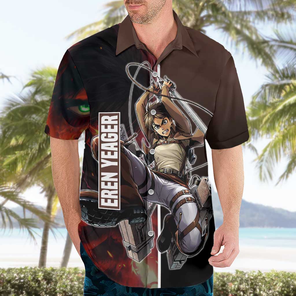 Eren Yeager from Attack on Titan Hawaiian Shirt with Action Poses and Fiery Background Design - The Mazicc