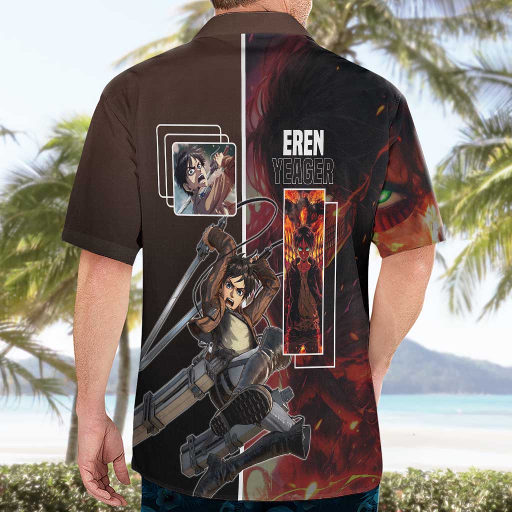 Eren Yeager from Attack on Titan Hawaiian Shirt with Action Poses and Fiery Background Design - The Mazicc