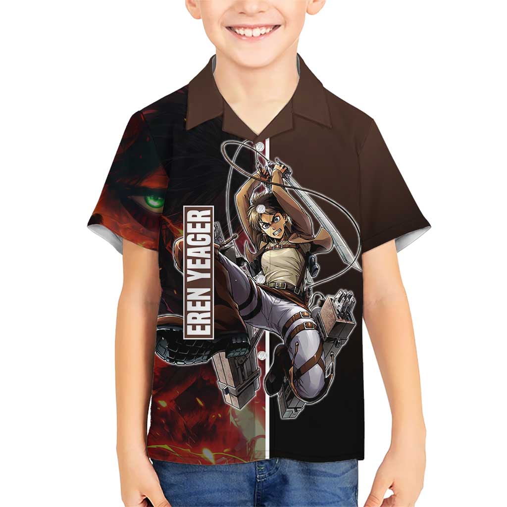 Eren Yeager from Attack on Titan Hawaiian Shirt with Action Poses and Fiery Background Design - The Mazicc