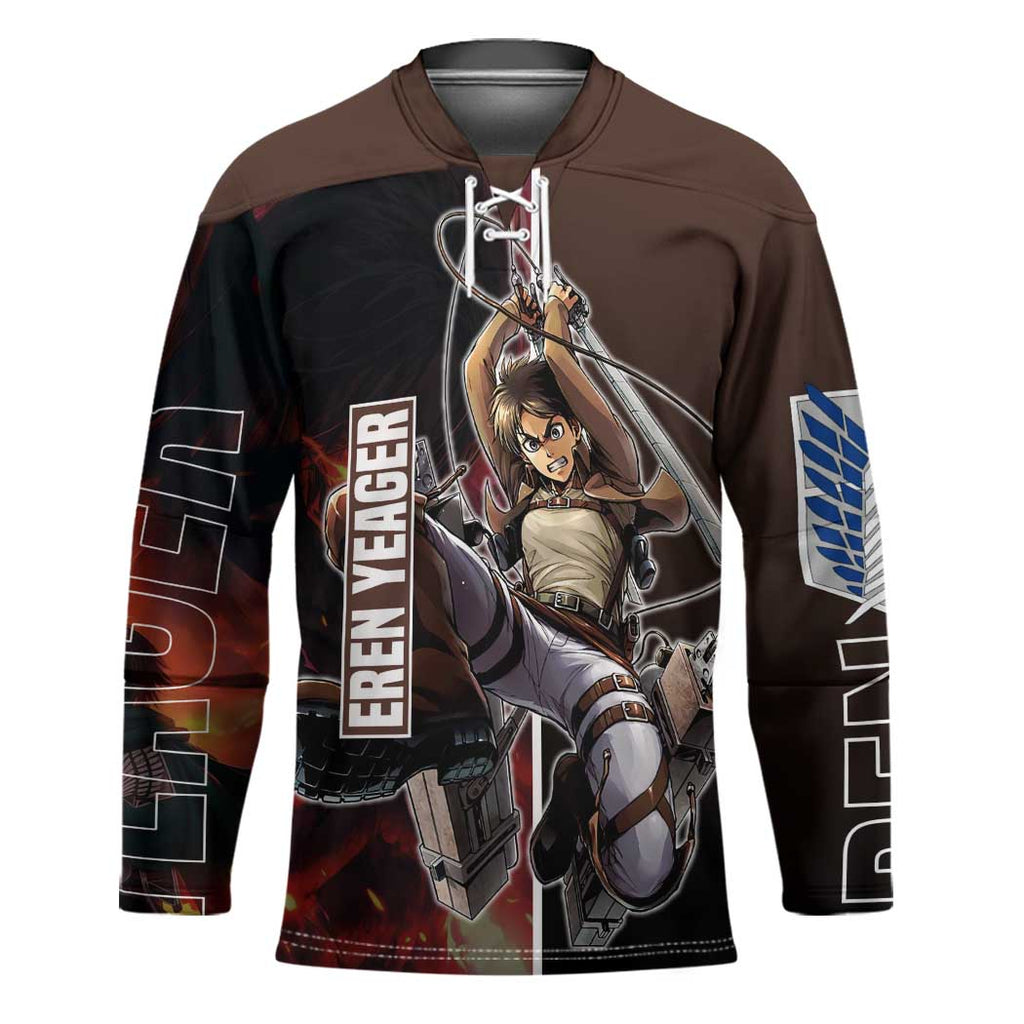 Eren Yeager from Attack on Titan Hockey Jersey with Action Poses and Fiery Background Design - The Mazicc