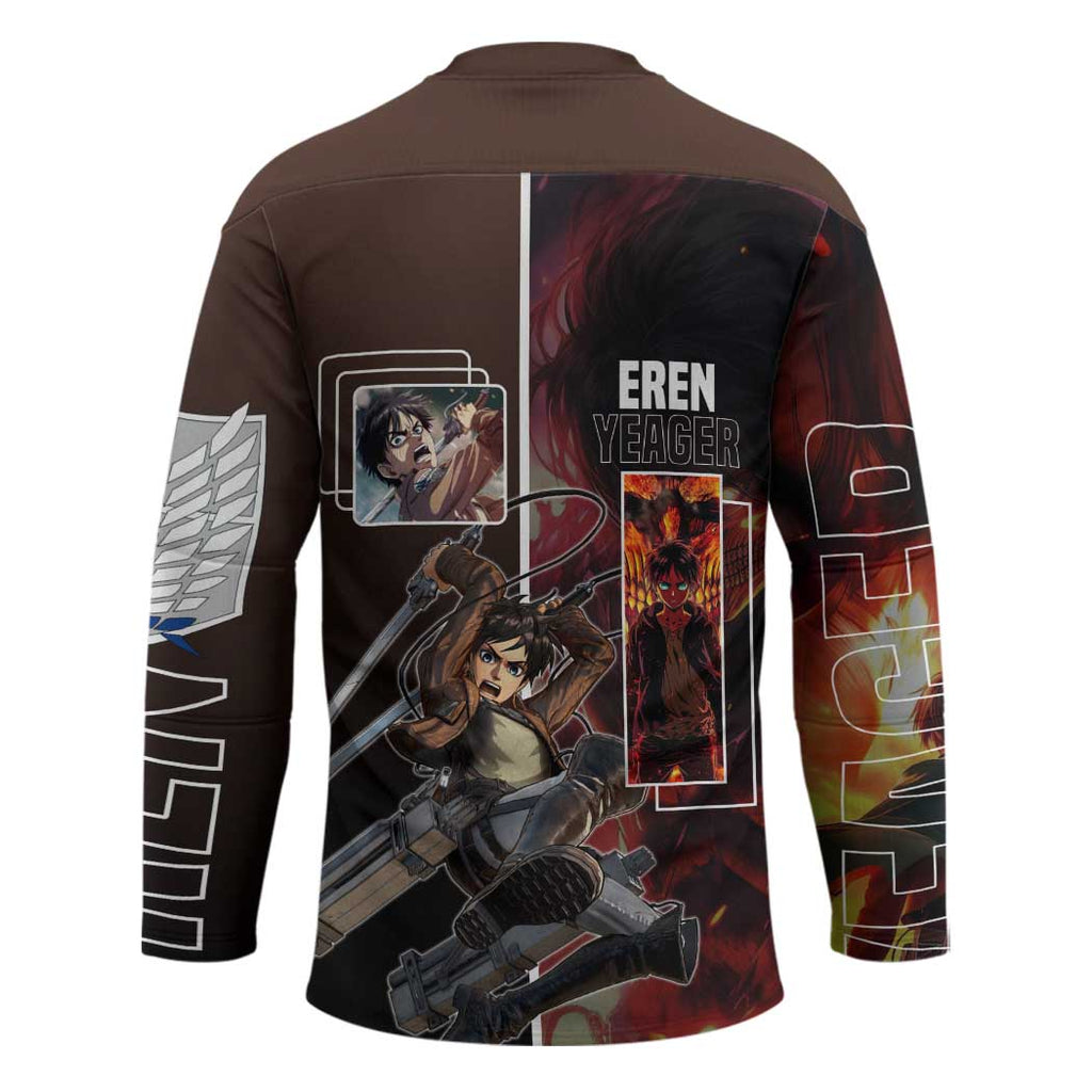 Eren Yeager from Attack on Titan Hockey Jersey with Action Poses and Fiery Background Design - The Mazicc