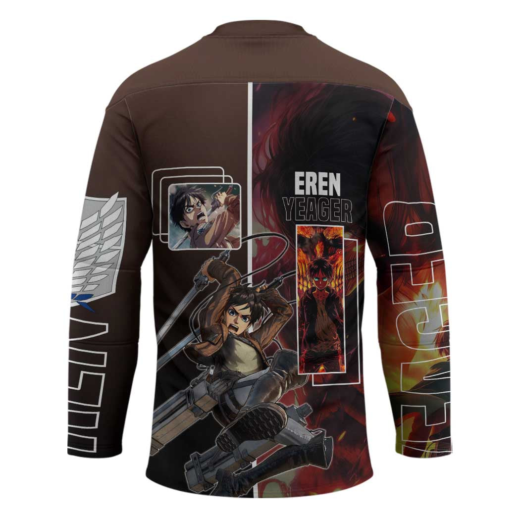 Eren Yeager from Attack on Titan Hockey Jersey with Action Poses and Fiery Background Design - The Mazicc
