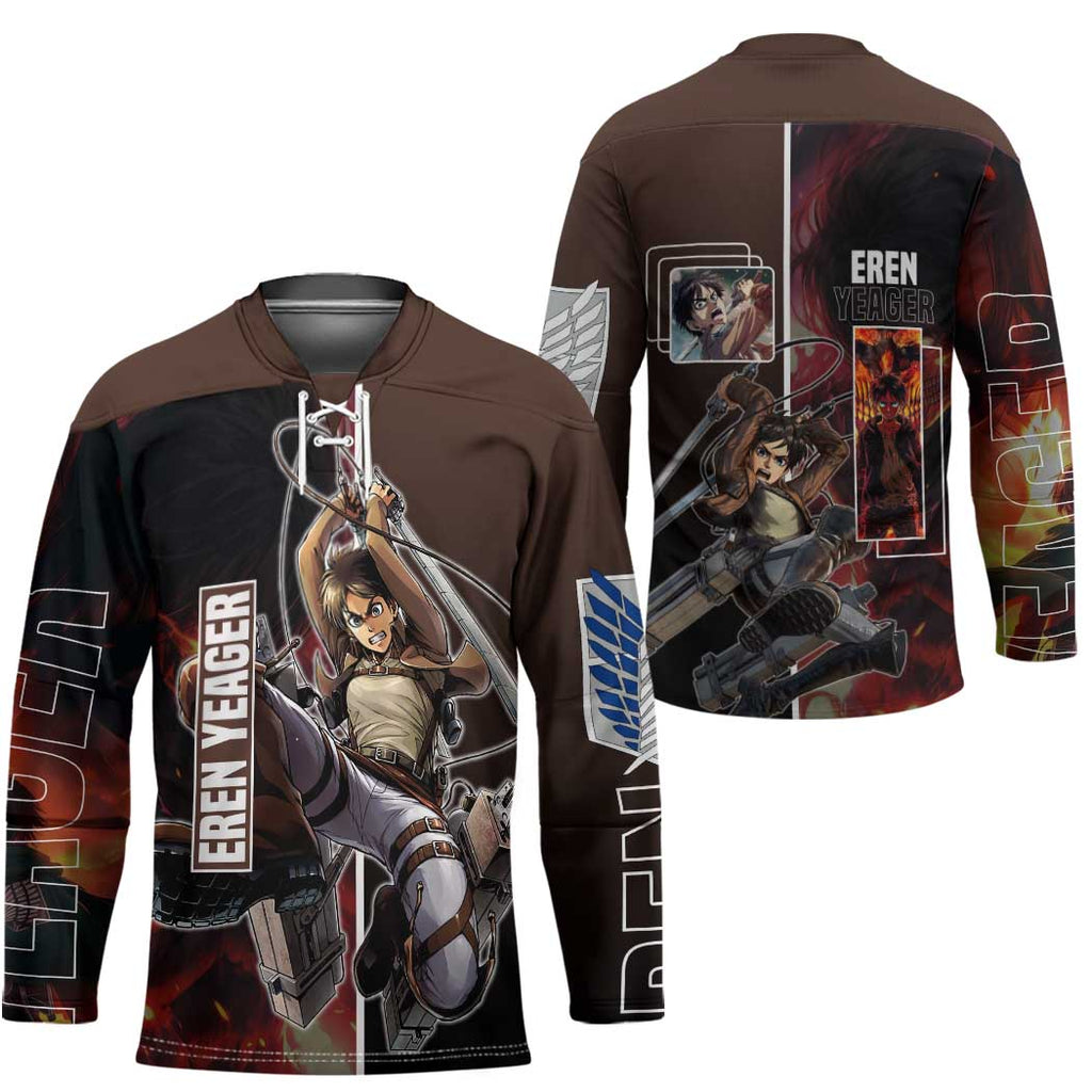 Eren Yeager from Attack on Titan Hockey Jersey with Action Poses and Fiery Background Design - The Mazicc