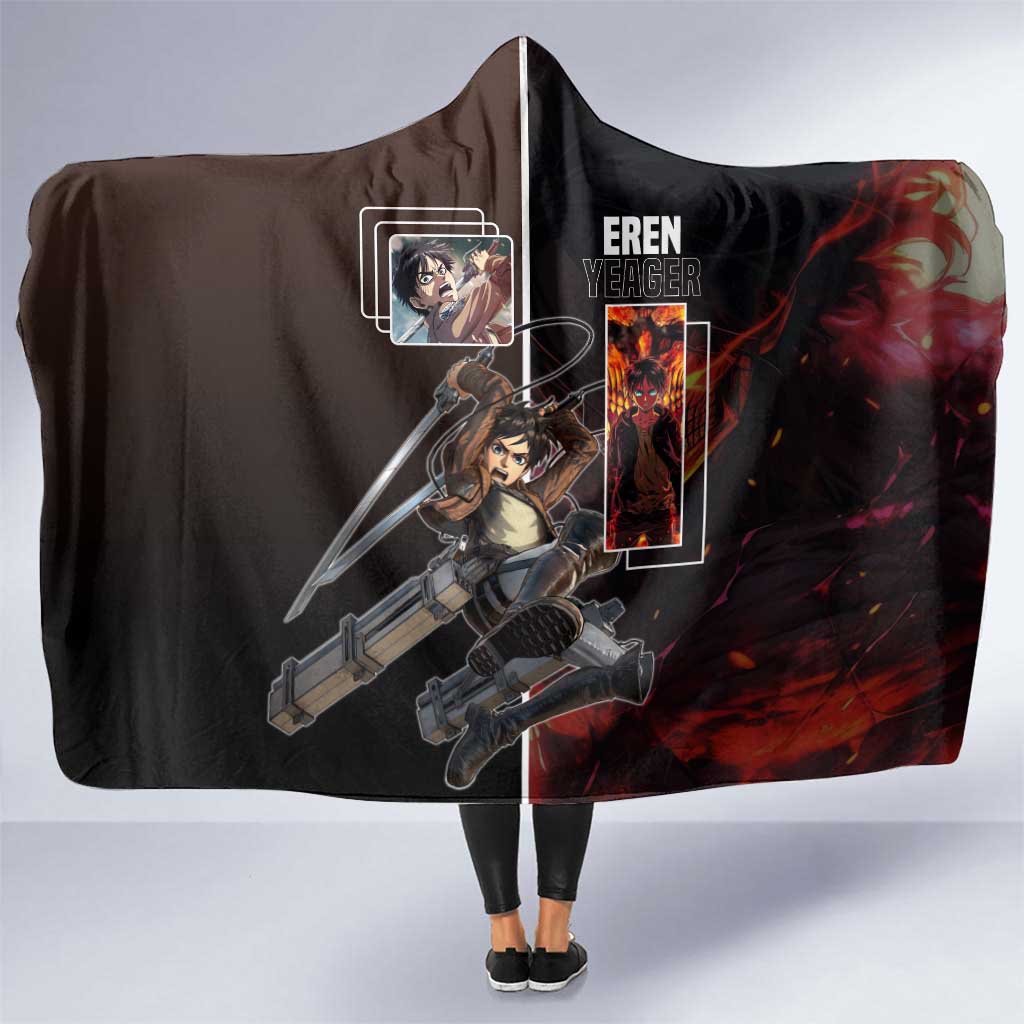 Eren Yeager from Attack on Titan Hooded Blanket with Action Poses and Fiery Background Design - The Mazicc