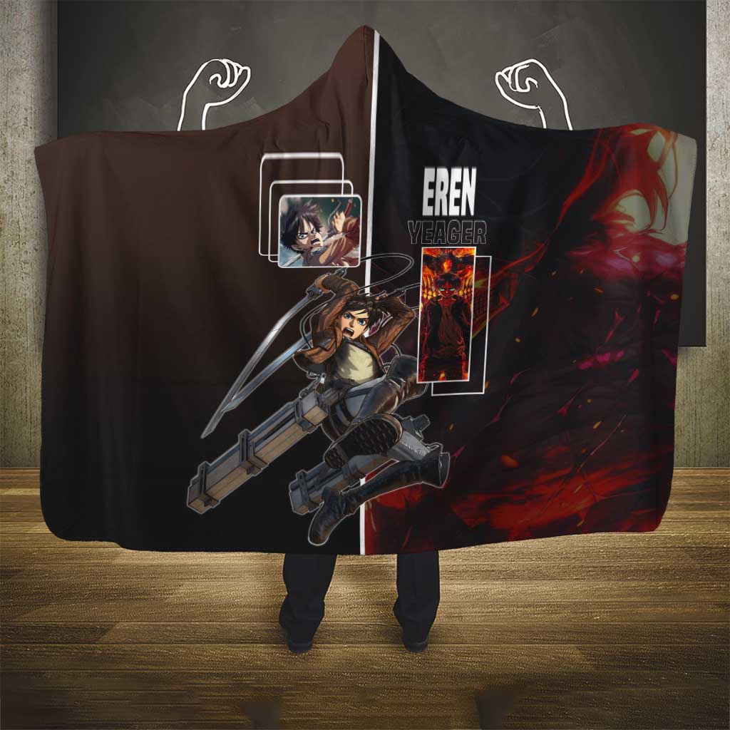 Eren Yeager from Attack on Titan Hooded Blanket with Action Poses and Fiery Background Design - The Mazicc