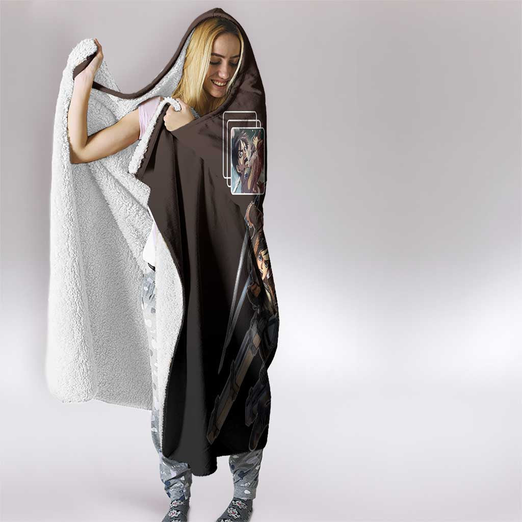 Eren Yeager from Attack on Titan Hooded Blanket with Action Poses and Fiery Background Design - The Mazicc