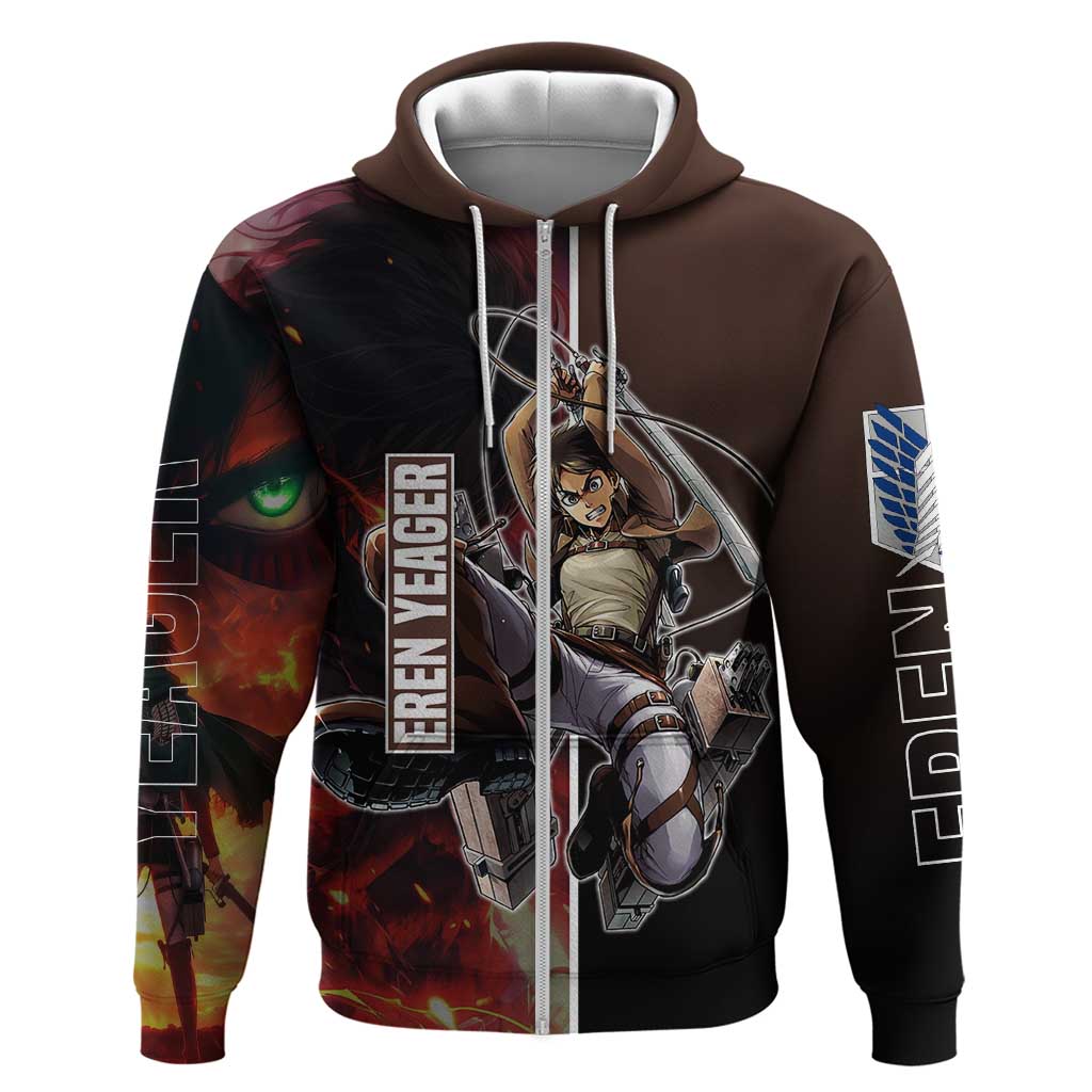 Eren Yeager from Attack on Titan Hoodie with Action Poses and Fiery Background Design - The Mazicc