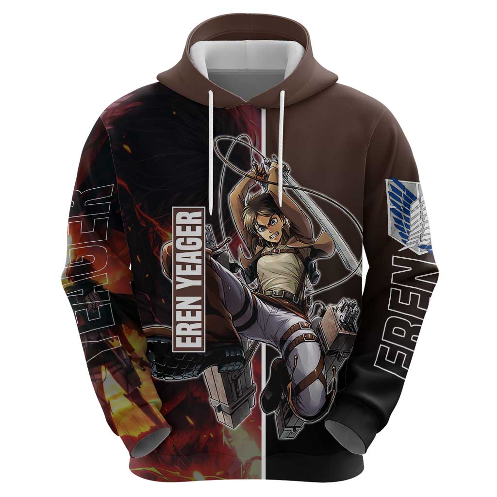 Eren Yeager from Attack on Titan Hoodie with Action Poses and Fiery Background Design - The Mazicc