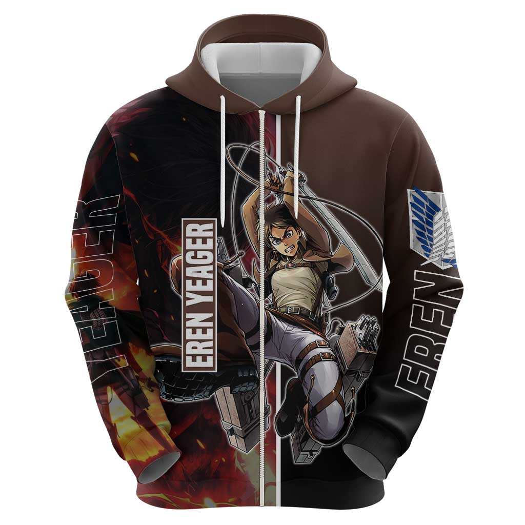 Eren Yeager from Attack on Titan Hoodie with Action Poses and Fiery Background Design - The Mazicc