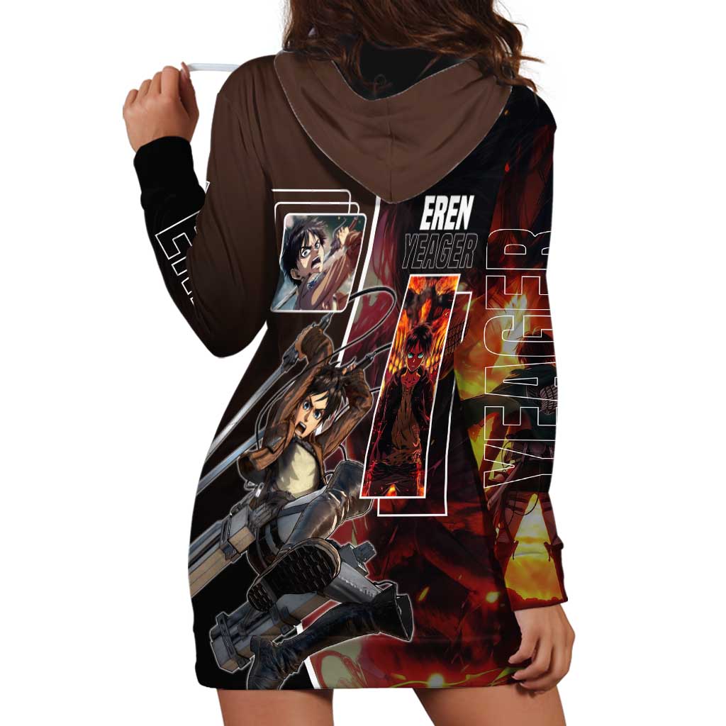 Eren Yeager from Attack on Titan Hoodie Dress with Action Poses and Fiery Background Design - The Mazicc