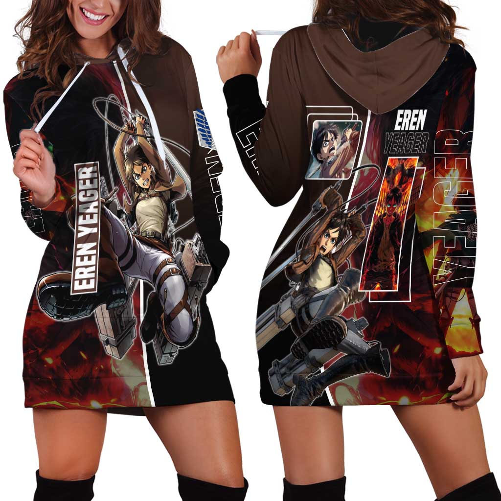 Eren Yeager from Attack on Titan Hoodie Dress with Action Poses and Fiery Background Design - The Mazicc