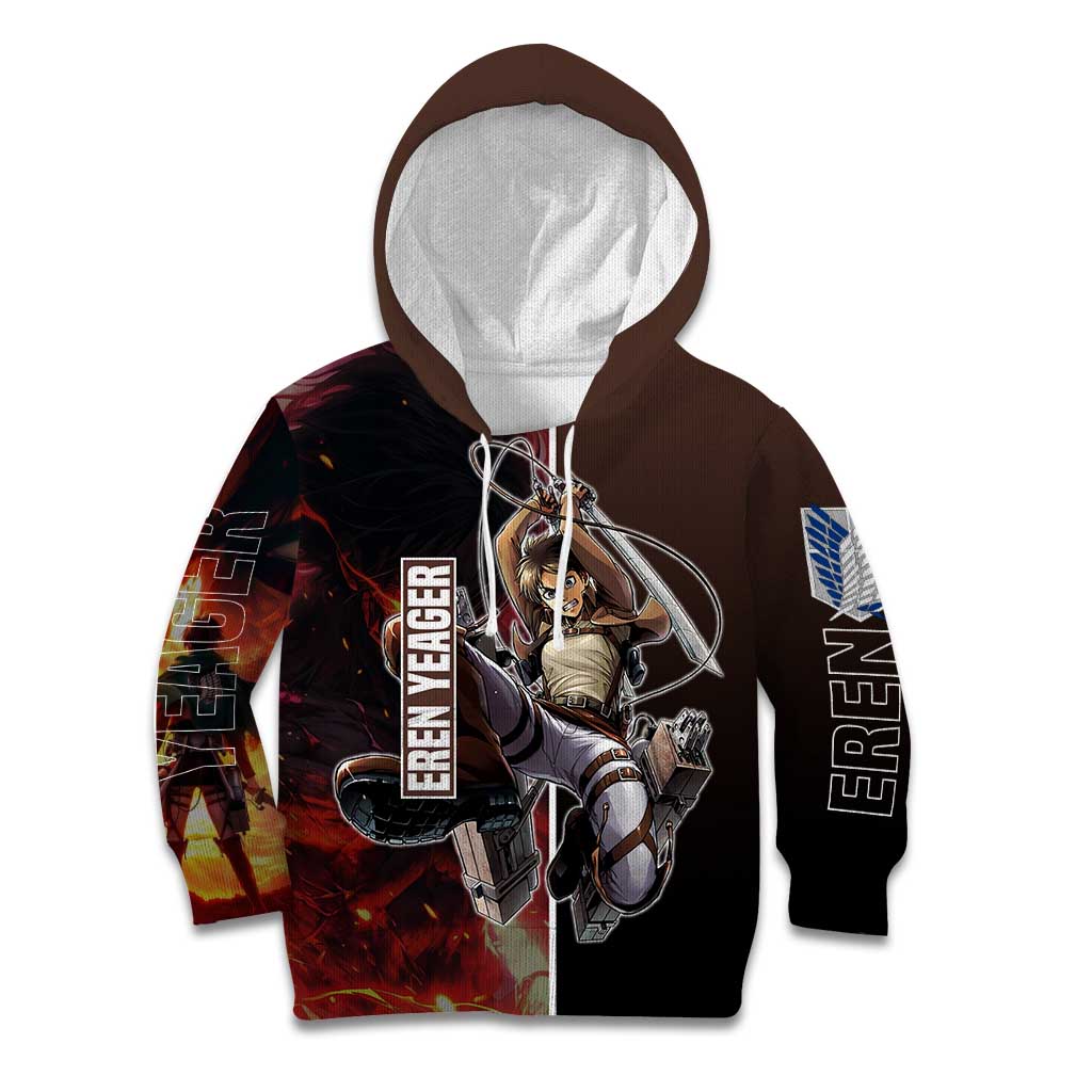 Eren Yeager from Attack on Titan Kid Hoodie with Action Poses and Fiery Background Design - The Mazicc