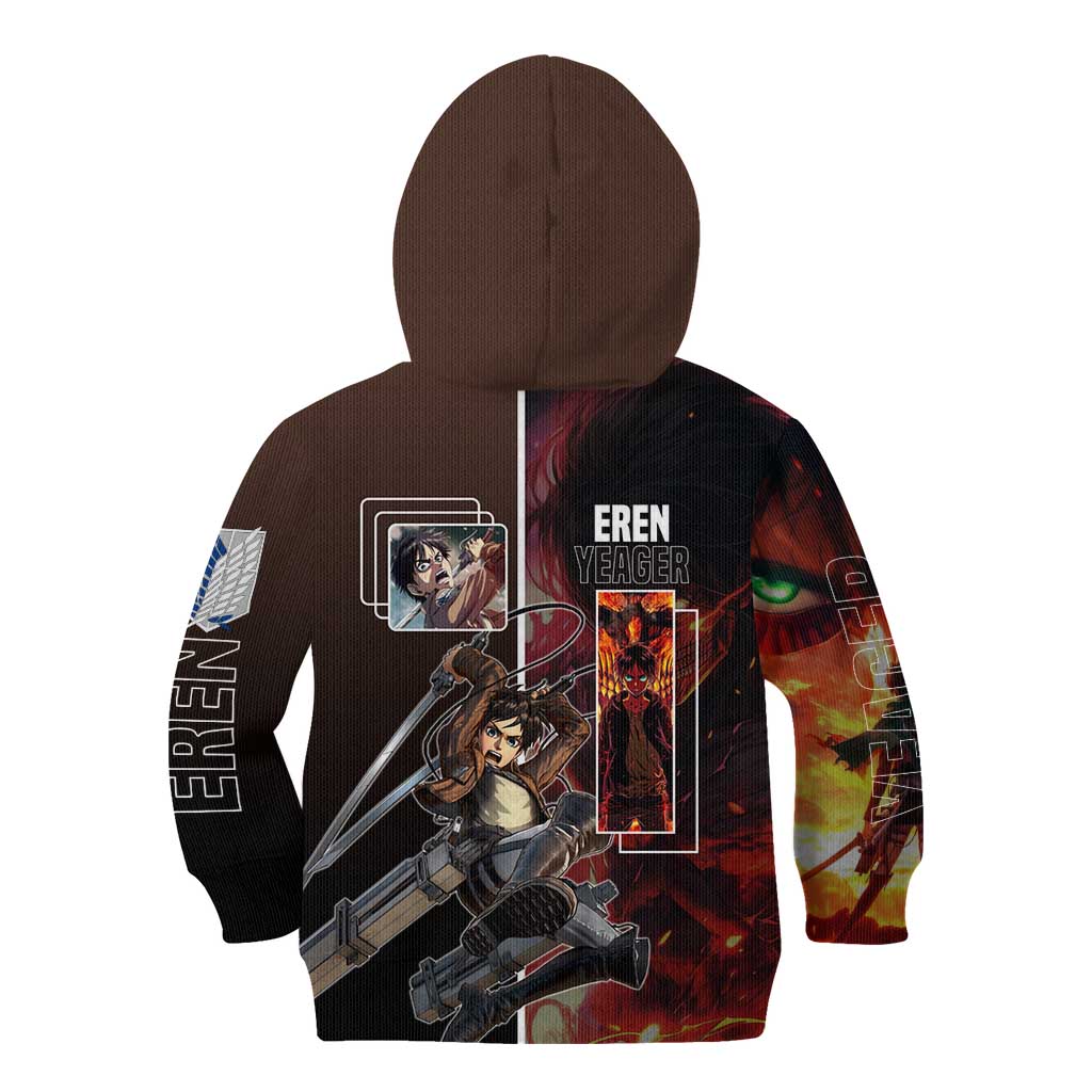 Eren Yeager from Attack on Titan Kid Hoodie with Action Poses and Fiery Background Design - The Mazicc