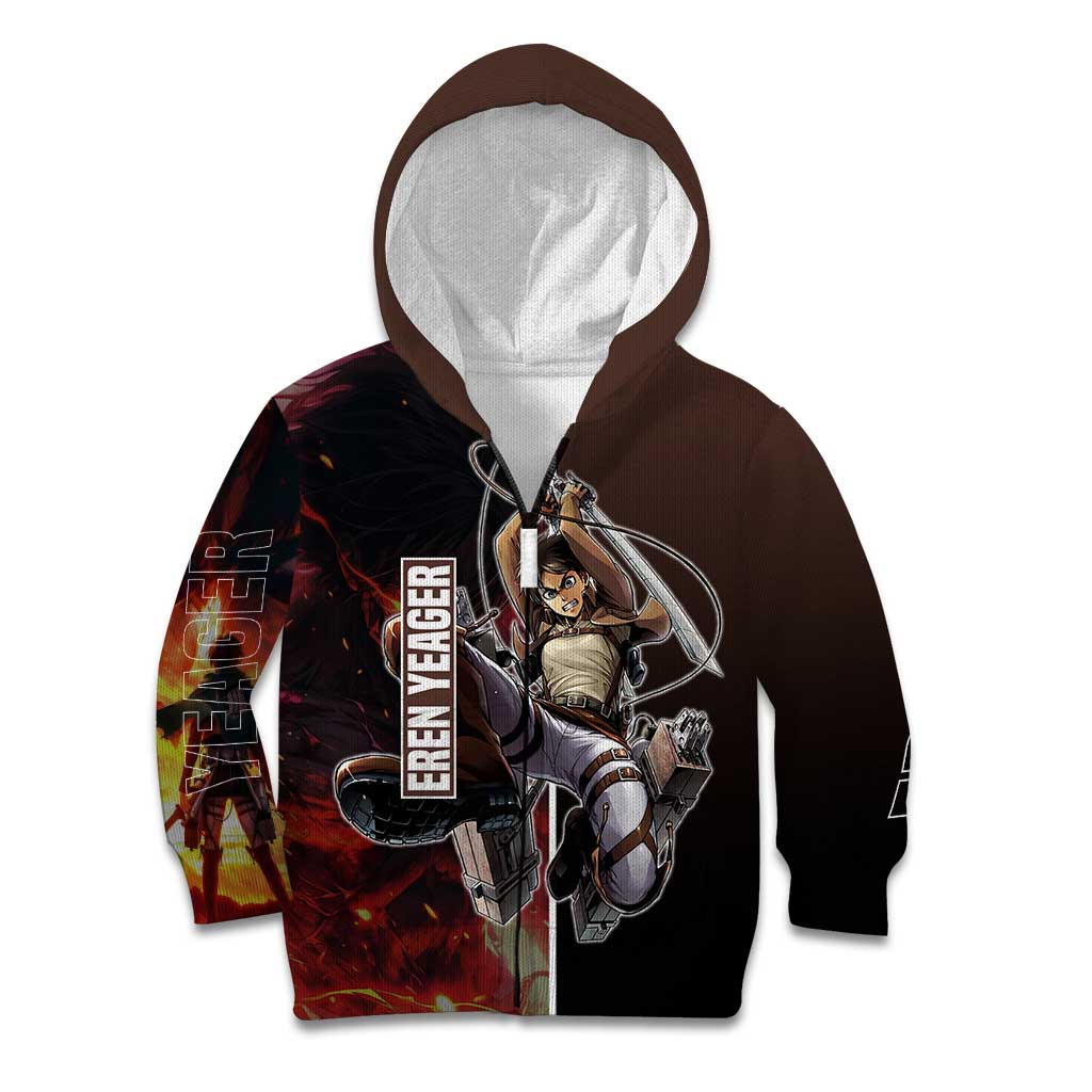 Eren Yeager from Attack on Titan Kid Hoodie with Action Poses and Fiery Background Design - The Mazicc