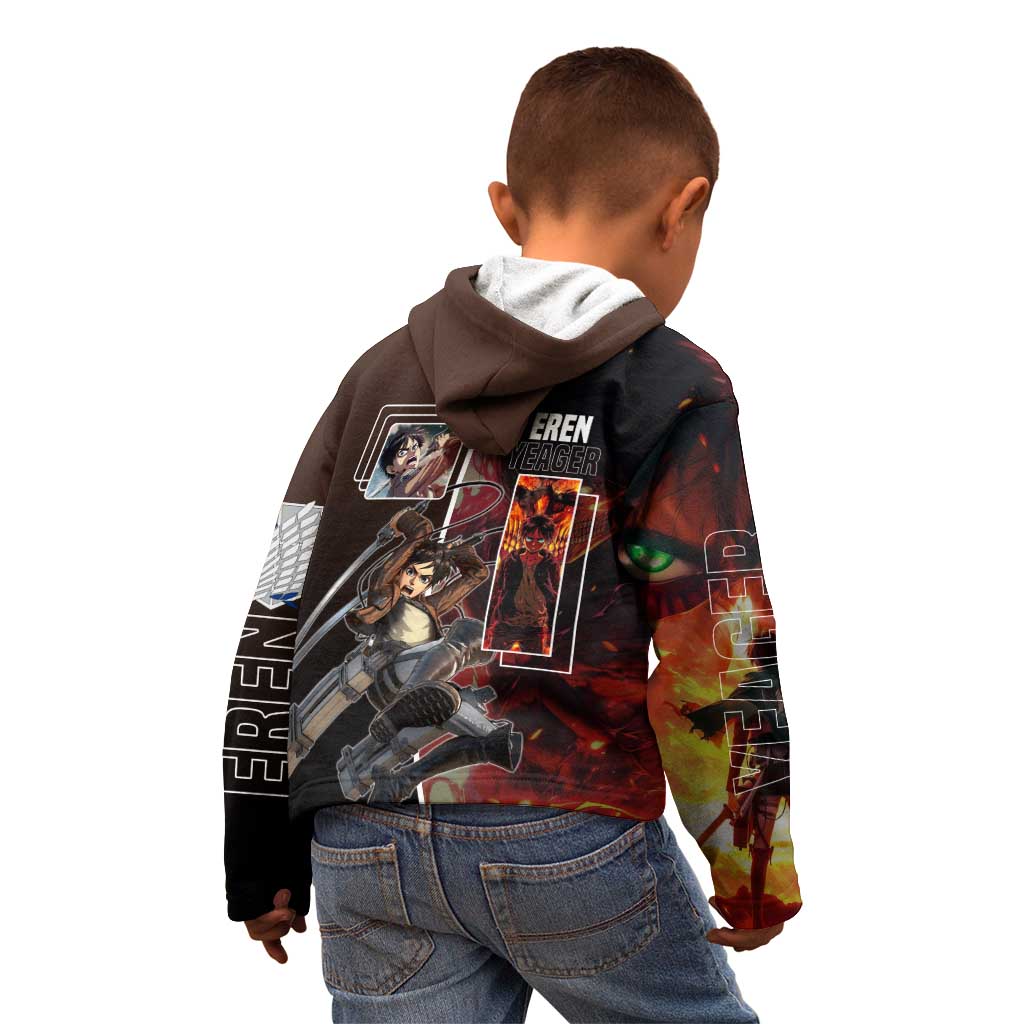 Eren Yeager from Attack on Titan Kid Hoodie with Action Poses and Fiery Background Design - The Mazicc
