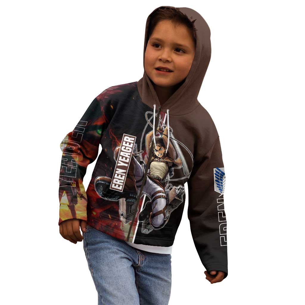 Eren Yeager from Attack on Titan Kid Hoodie with Action Poses and Fiery Background Design - The Mazicc