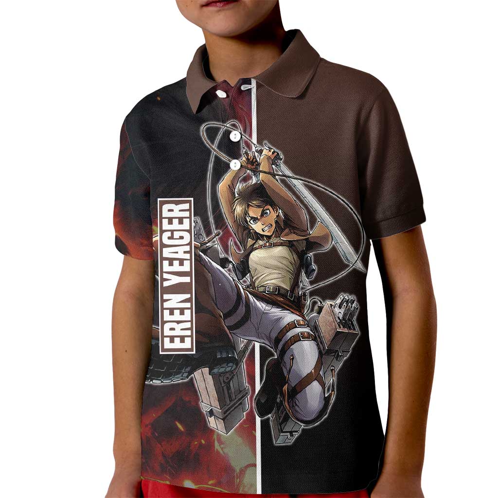 Eren Yeager from Attack on Titan Kid Polo Shirt with Action Poses and Fiery Background Design - The Mazicc