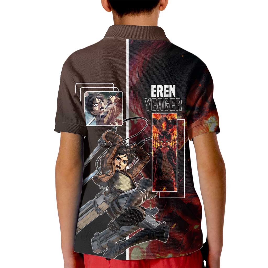 Eren Yeager from Attack on Titan Kid Polo Shirt with Action Poses and Fiery Background Design - The Mazicc