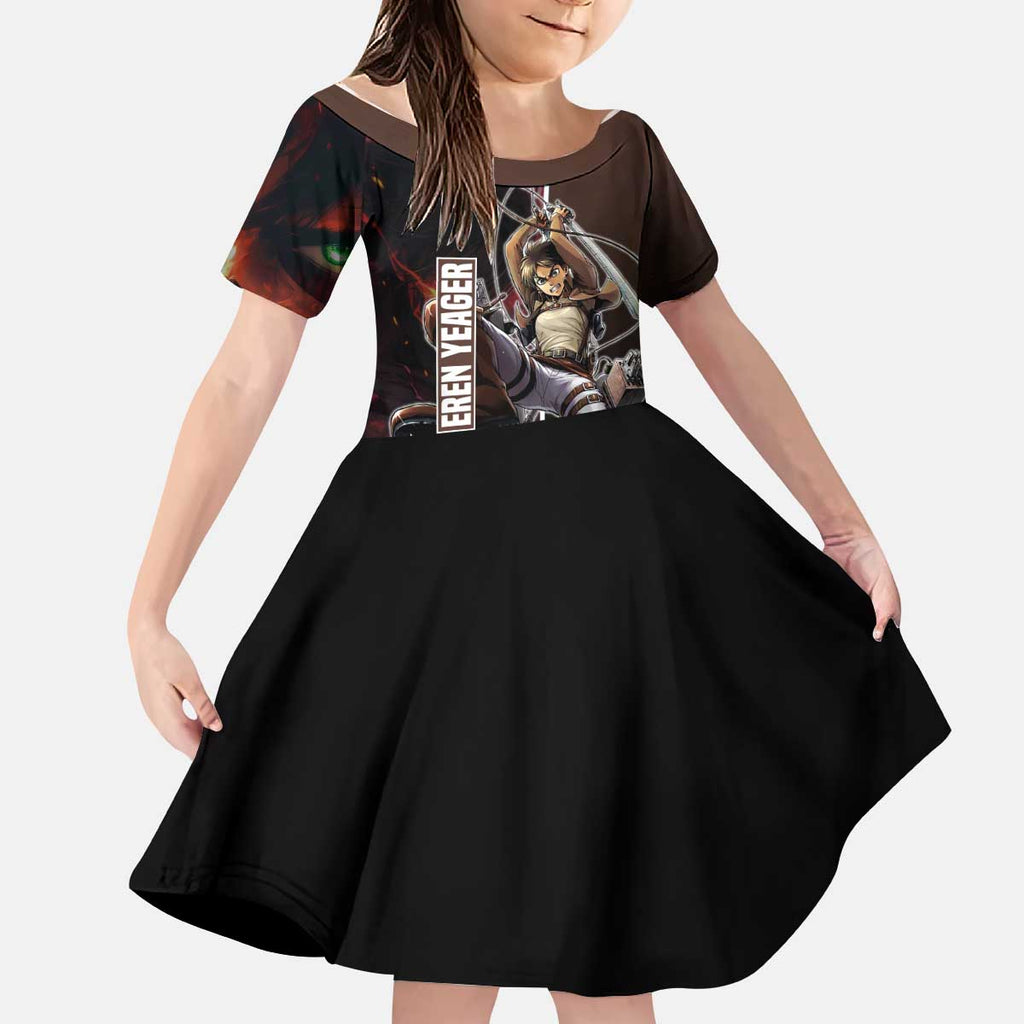 Eren Yeager from Attack on Titan Kid Short Sleeve Dress with Action Poses and Fiery Background Design - The Mazicc