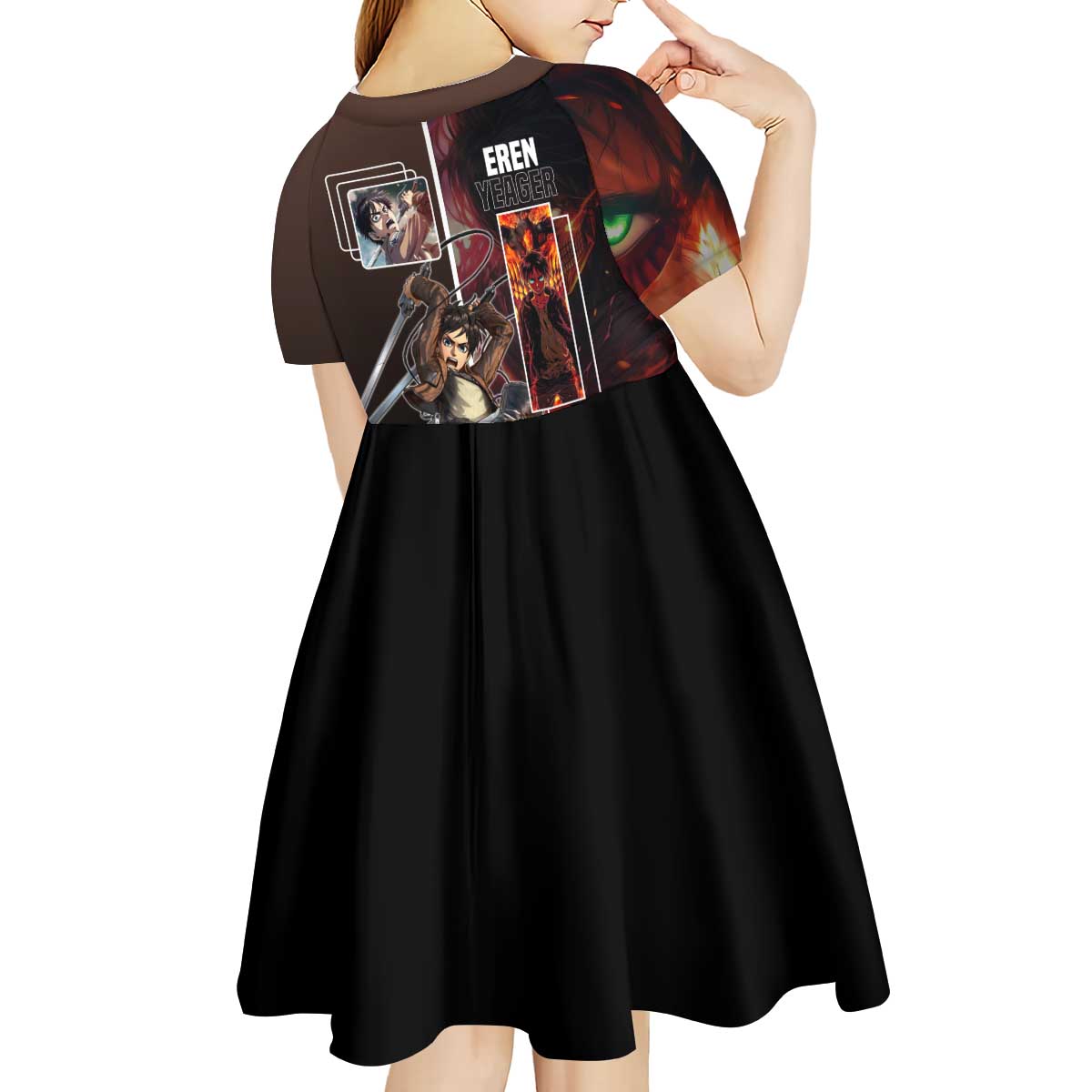 Eren Yeager from Attack on Titan Kid Short Sleeve Dress with Action Poses and Fiery Background Design - The Mazicc