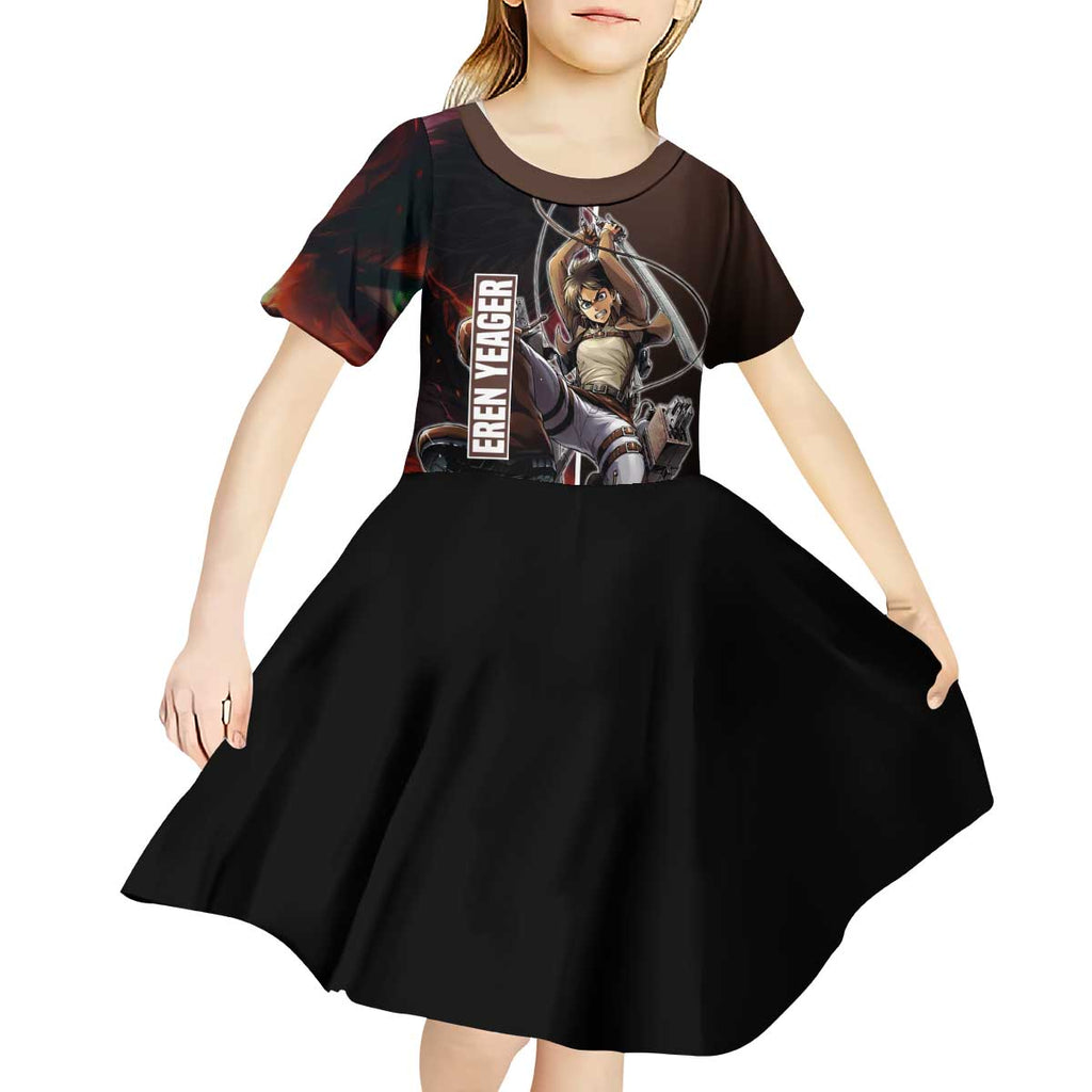 Eren Yeager from Attack on Titan Kid Short Sleeve Dress with Action Poses and Fiery Background Design - The Mazicc