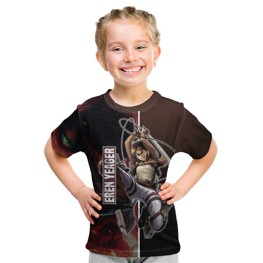 Eren Yeager from Attack on Titan Kid T Shirt with Action Poses and Fiery Background Design - The Mazicc