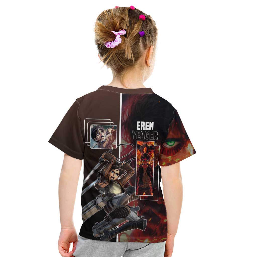 Eren Yeager from Attack on Titan Kid T Shirt with Action Poses and Fiery Background Design - The Mazicc