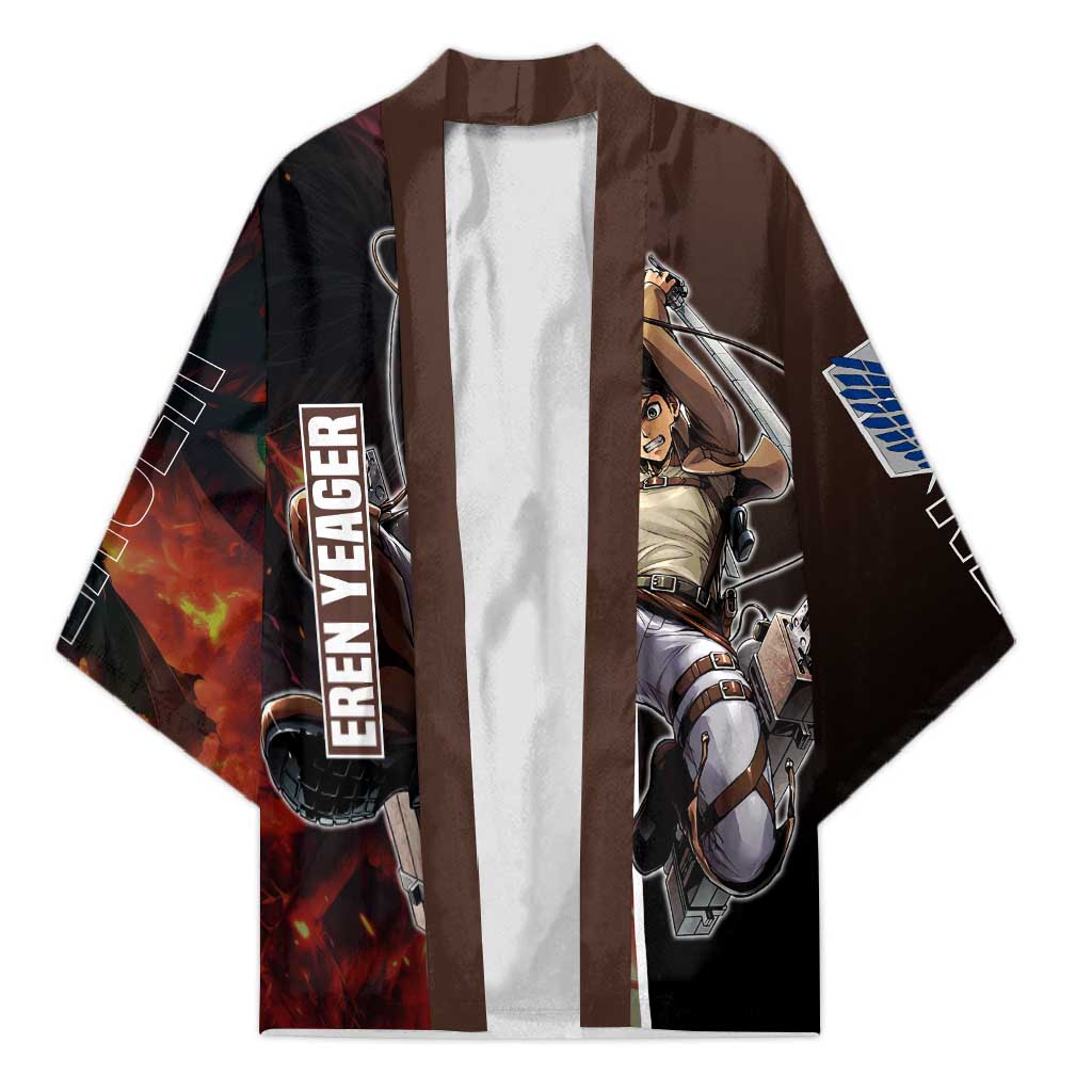 Eren Yeager from Attack on Titan Kimono with Action Poses and Fiery Background Design - The Mazicc