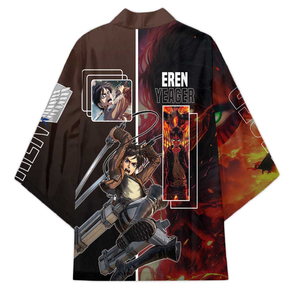 Eren Yeager from Attack on Titan Kimono with Action Poses and Fiery Background Design - The Mazicc