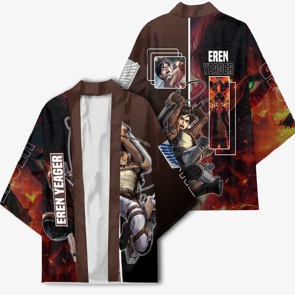 Eren Yeager from Attack on Titan Kimono with Action Poses and Fiery Background Design - The Mazicc