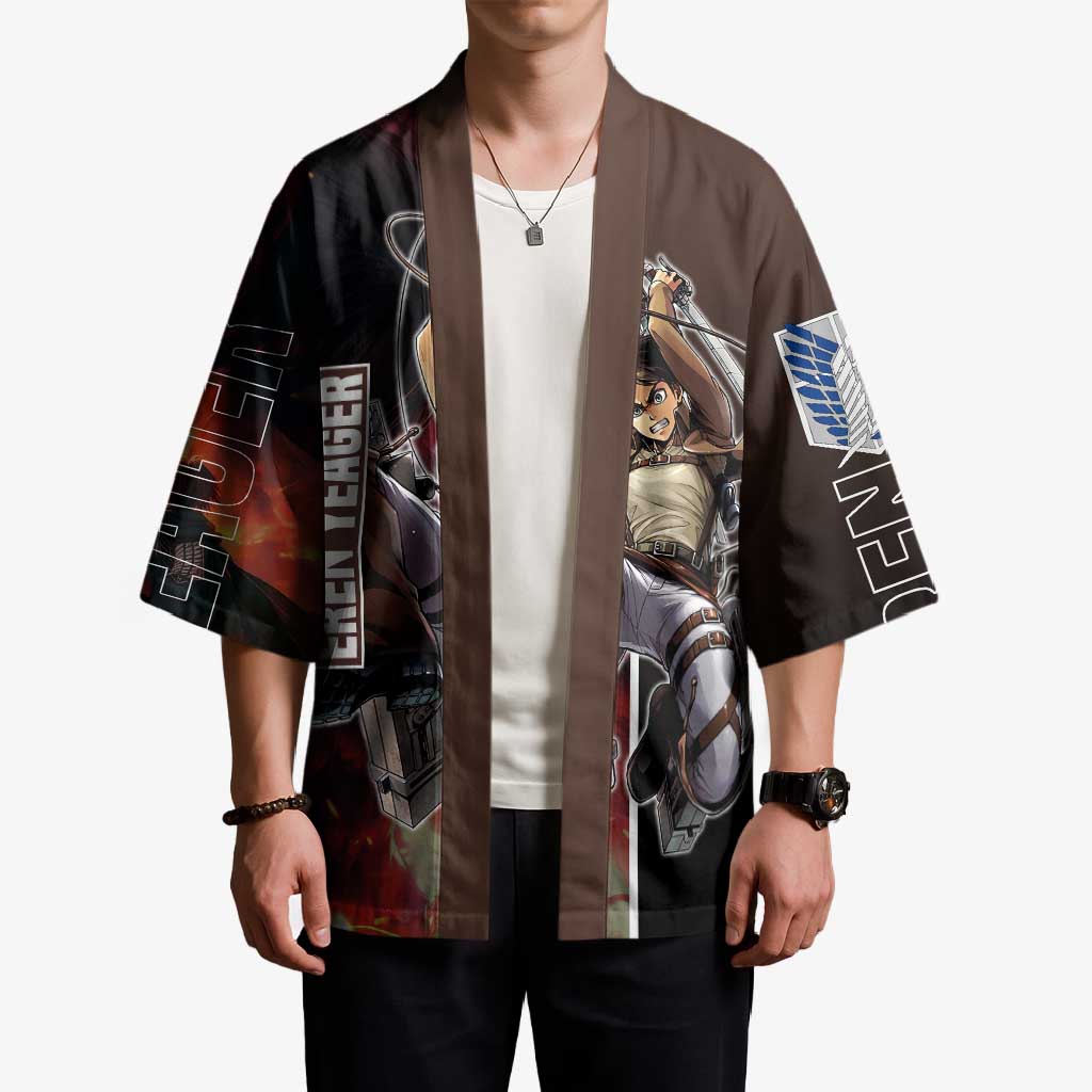 Eren Yeager from Attack on Titan Kimono with Action Poses and Fiery Background Design - The Mazicc