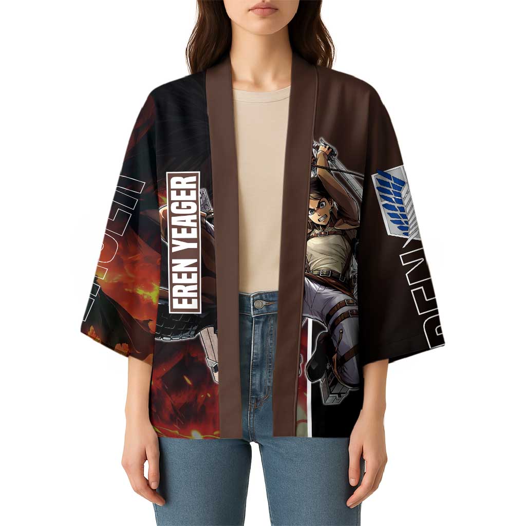 Eren Yeager from Attack on Titan Kimono with Action Poses and Fiery Background Design - The Mazicc